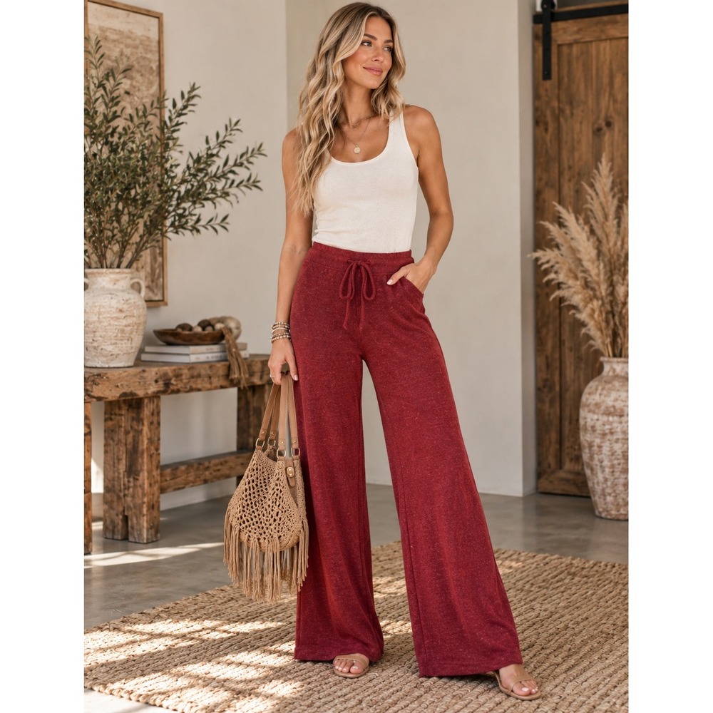 218. New Cranberry Red Knit Wide Leg Lounge Pants Drawstring High Rise Trousers